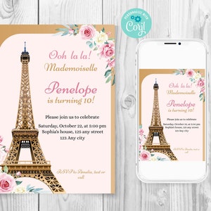 Paris birthday invitation template, Editable Eiffel tower party invite, Bonjour girl birthday, French theme printable, Mademoiselle birthday