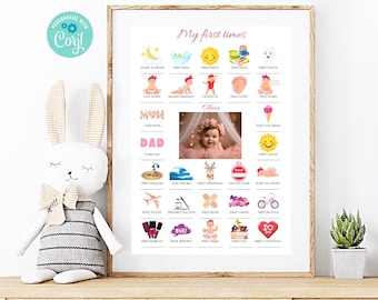 Poster Mes premières fois bébé fille, affiche de naissance de bébé, idée cadeau de naissance, décoration murale pour chambre de bébé, art mural pour chambre de bébé, affiche rendez-vous de bébé