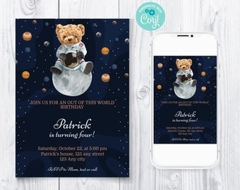 Teddy Bear Birthday Invitation, Space Astronaut Birthday Template, Galaxy Invitation, Planets Invitation, Outer Space invitation