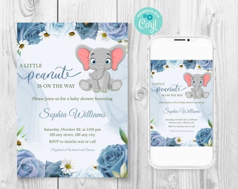 May include: A baby shower invitation with a blue and white floral design. The invitation features a cartoon elephant and the text "A little peanut is on the way".