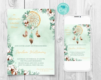 May include: A baby shower invitation with a watercolor design featuring a dreamcatcher, cotton bolls, and eucalyptus leaves. The invitation is in a light blue color with gold text. The text reads "a dream come true" and "Join us for a baby shower honoring Sophia Williams". The invitation also includes the date, time, location, and RSVP information.