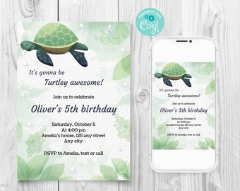 Turtley Awesome Birthday Party Invitation, Green Turtle Birthday Template, Under The Sea Party Invite, Custom Turtle Birthday Invitation