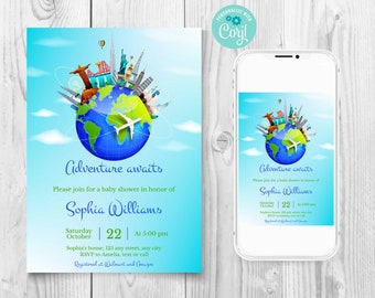 Travel Baby Shower Invitation, Boy Adventure Awaits Baby Shower Invite, World Map Baby Shower Invitation, Plane Adventure Begins invitation