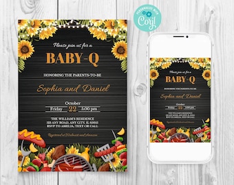 Editable BBQ Sunflower Baby Shower Invitation, Baby-q Baby Shower Invitation Template, Barbecue Baby Shower, Co-ed Baby Shower Invitation