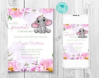May include: A baby shower invitation with a pink and purple floral design. The invitation features a cute cartoon elephant with a pink bow and the text "A Little Peanut Is On Her Way".