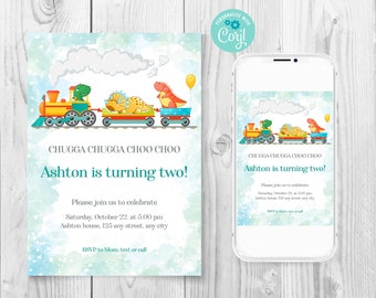 Editable Chugga Chugga Birthday Party Invitation, Electronic Train Dino Birthday Party Invite, 2nd Birthday Invitation, Instant Download