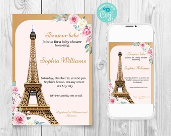 Editable Paris baby shower invitation, Bonjour bébé invitation template, Eiffel baby shower invitation, Romantic baby shower party invite
