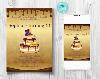 Invito di compleanno della fabbrica di cioccolato, invito di compleanno del biglietto d'oro, invito di compleanno della torta al cioccolato, invito del biglietto speciale