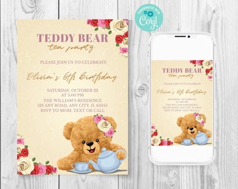 Teddy Bear Tea Party Birthday Invitation, Kids Tea Party Invite, Afternoon Tea Invitation, Tea Party with Bears Invitation