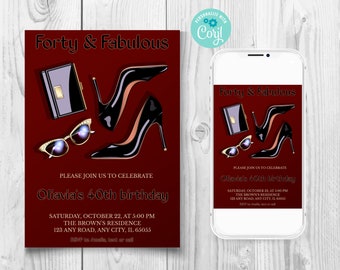 May include: A red invitation card with gold text that reads "Forty & Fabulous" and "Oliavia's 40th birthday". The card features a pair of black high heels, a pair of sunglasses, and a small purse.