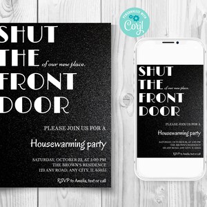 Convite para festa de inauguração da casa Shut The Front Door, convite engraçado e minimalista para festa de inauguração da casa, convite sarcástico para festa de inauguração da casa