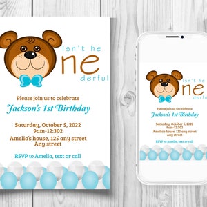 Sjabloon Onederful 1e verjaardagsuitnodiging, One-derful teddybeer eerste jarige jongen uitnodigingssjabloon, verjaardagsuitnodiging cartoon beer