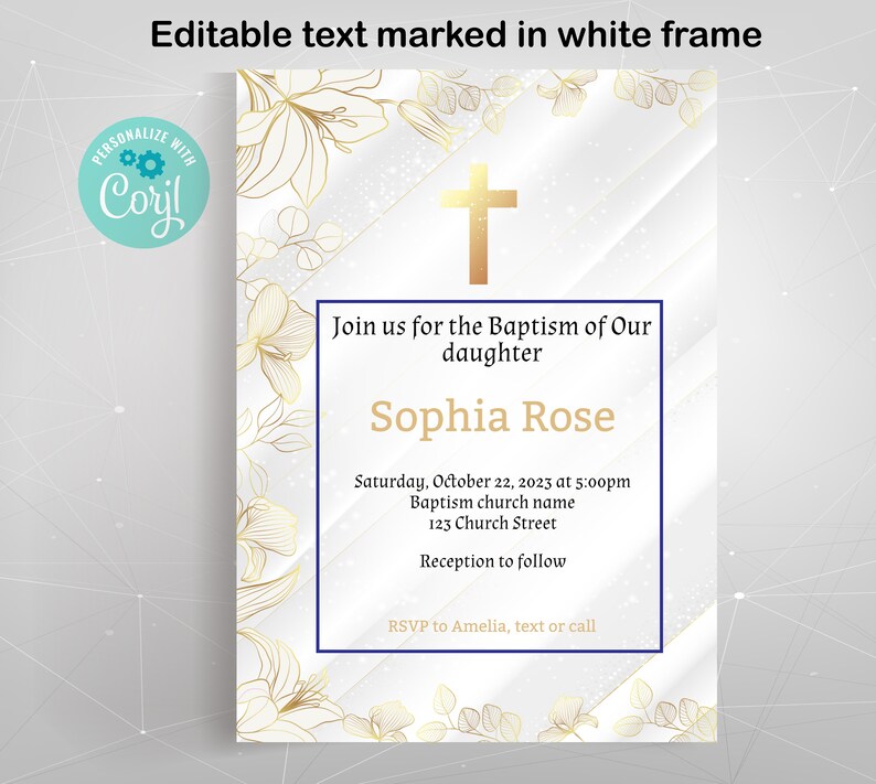 Editable Printable Baptism Invitation, Electronic White Gold ...