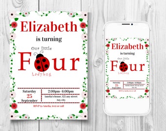 Ladybug Birthday Invitation, 4th Birthday Invitation, Daisy Ladybug Invitation, Four Ladybug Birthday Invitation, Red Black Girl Invitation