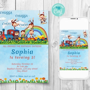 以下が含まれることがあります： 電車とサルが描かれた青と緑の誕生日招待状。テキストには「All aboard the birthday express! Sophia is turning 3! 」とあります。土曜日、10月22日午後5時。ソフィアの自宅、125 any street。Any street。お母さんへ、SMSまたは電話でRSVPしてください。