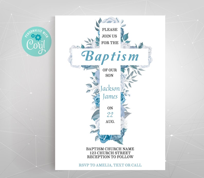 Editable Printable Baptism Invitation for Boy, Electronic Christening Cross Invite Template