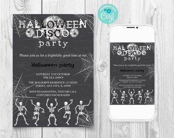 Editable Halloween Disco party invitation, Adult Halloween costume party invite, Dancing skeletons invitation, Digital Halloween invitation