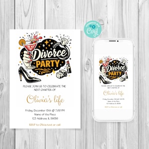 Könnte beinhalten: Eine weiße Einladung und ein Smartphone-Bildschirm zeigen ein "Divorce Party"-Design. Das Design umfasst einen Cocktail, einen High Heel, einen Diamantring, Würfel und Lippenstift. Der Einladungstext lautet: "Bitte feiern Sie mit uns das nächste Kapitel von Olivias Leben."