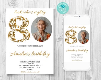 May include: A white invitation card with gold accents and a photo of an older woman. The card says "look who's eighty" and "Amelia's birthday". The invitation details a birthday party on Saturday, October 22 at 5:00 PM at The Brown's Residence, 123 Any Road, Any City, IL 65055. RSVP to Amelia, text or call.