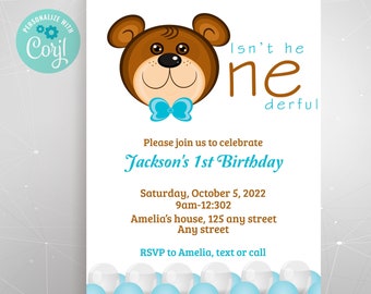 Onederful 1st Birthday Invitation Template, One-derful Teddy bear First Birthday Boy Invite Template Printable Editable Invite, Electronic