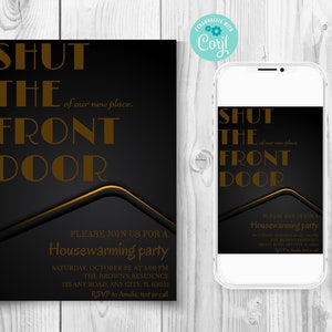Convite para festa de inauguração da casa Shut The Front Door, convite engraçado e minimalista para festa de inauguração da casa, convite sarcástico para festa de inauguração da casa