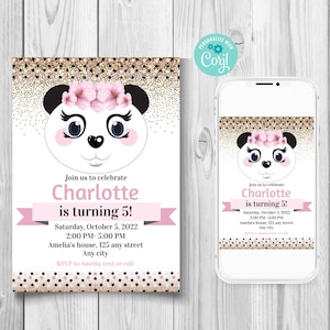 Invitación de cumpleaños de panda editable, invitación de panda floral rosa, invitación de cumpleaños personalizable para niña, invitación de panda linda, invitación de panda de dibujos animados