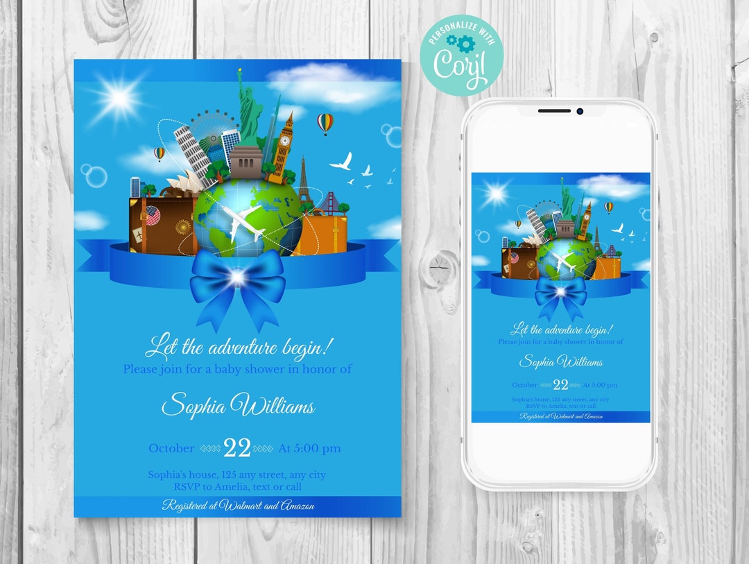 Travel Baby Shower Invitation, Boy Adventure Awaits Baby Shower Invite