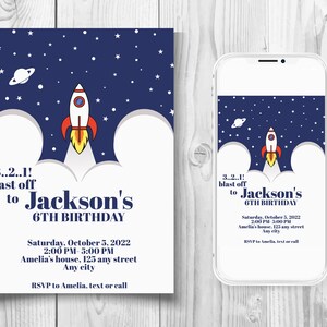 Plantilla de invitación de cumpleaños del espacio exterior, Invitación de nave espacial, Invitación de despegue, Invitación de fuera de este mundo, Invitación de galaxia