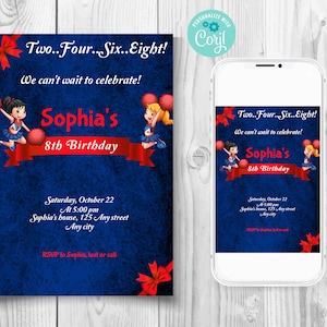 Blue Cheerleader Birthday Party Invitation, Blue Red Cheer Party Invite Template, Two Four Six Eight We Can&#39;t Wait To Celebrate Invite
