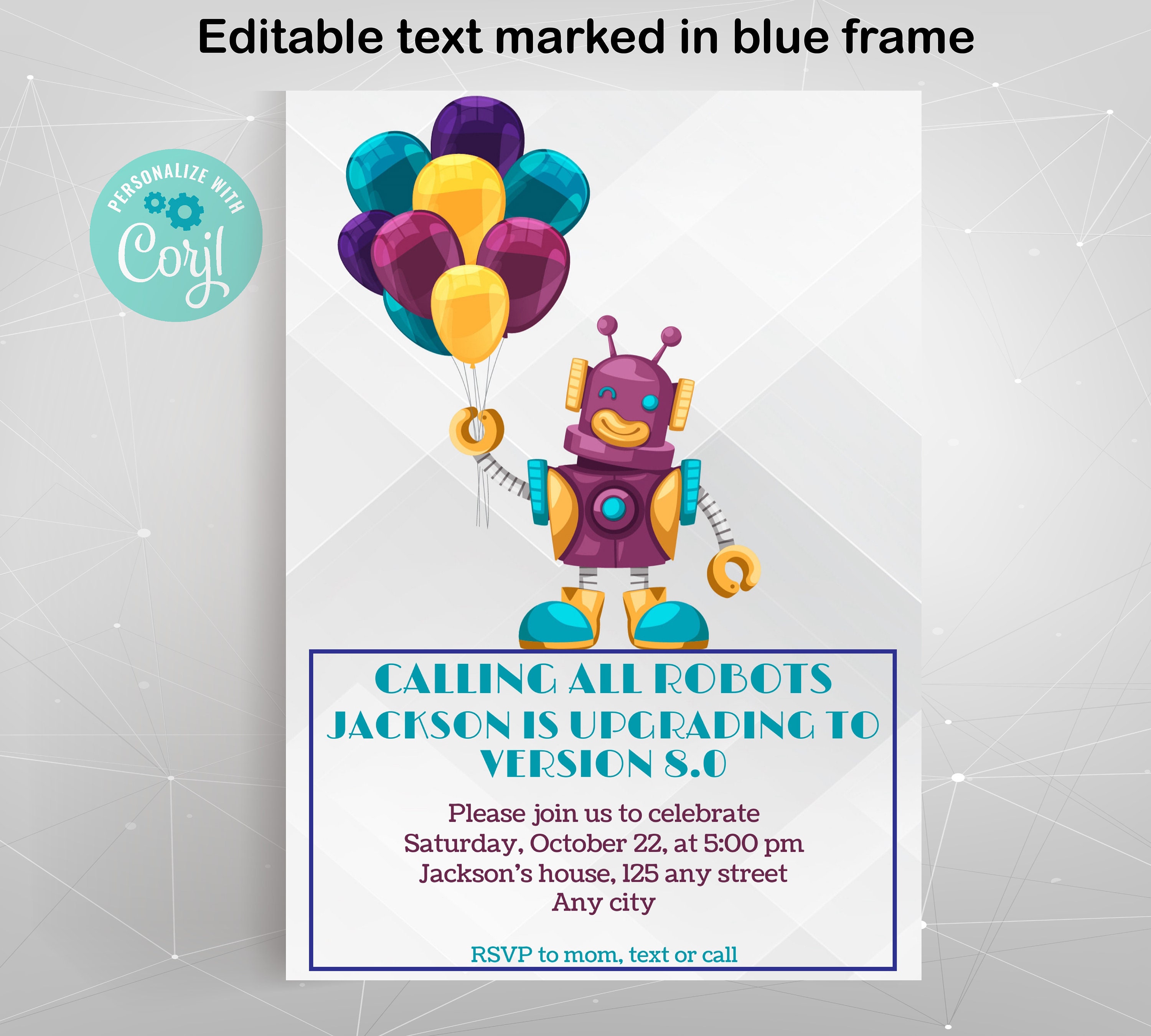 Robot With Balloons Birthday Invitation, Electronic Calling All Robots ...