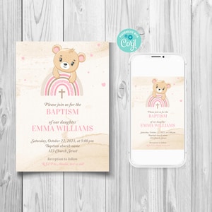 Editable teddy bear baptism invitation, Digital rainbow christening invite, Customizable girl christening invite, Beige baptism invitation
