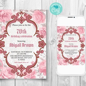 Vintage Frame 70th Birthday Invitation, Vintage 70th Birthday Invitation, Floral 70th Birthday Invitation, Pink Roses 70th Birthday Invite