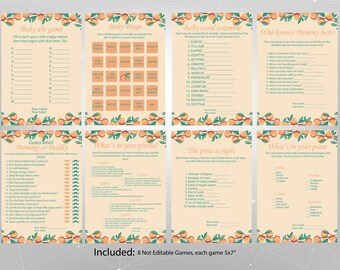May include: Eight printable baby shower games with peach and green illustrations. The games include: Baby ABC Game, Baby Bingo, Baby Word Scramble, Who Knows Mommy Best?, Guess Who: Mommy or Daddy, What's in Your Phone?, The Price is Right, and What's in Your Purse. Each game is 5x7 inches.