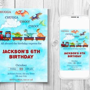 Bewerkbare Chugga Chugga-verjaardagsuitnodiging voor verjaardagsfeestje, dino-trein verjaardagsuitnodiging, dinosaurus trein uitnodiging, Choo Choo-uitnodiging