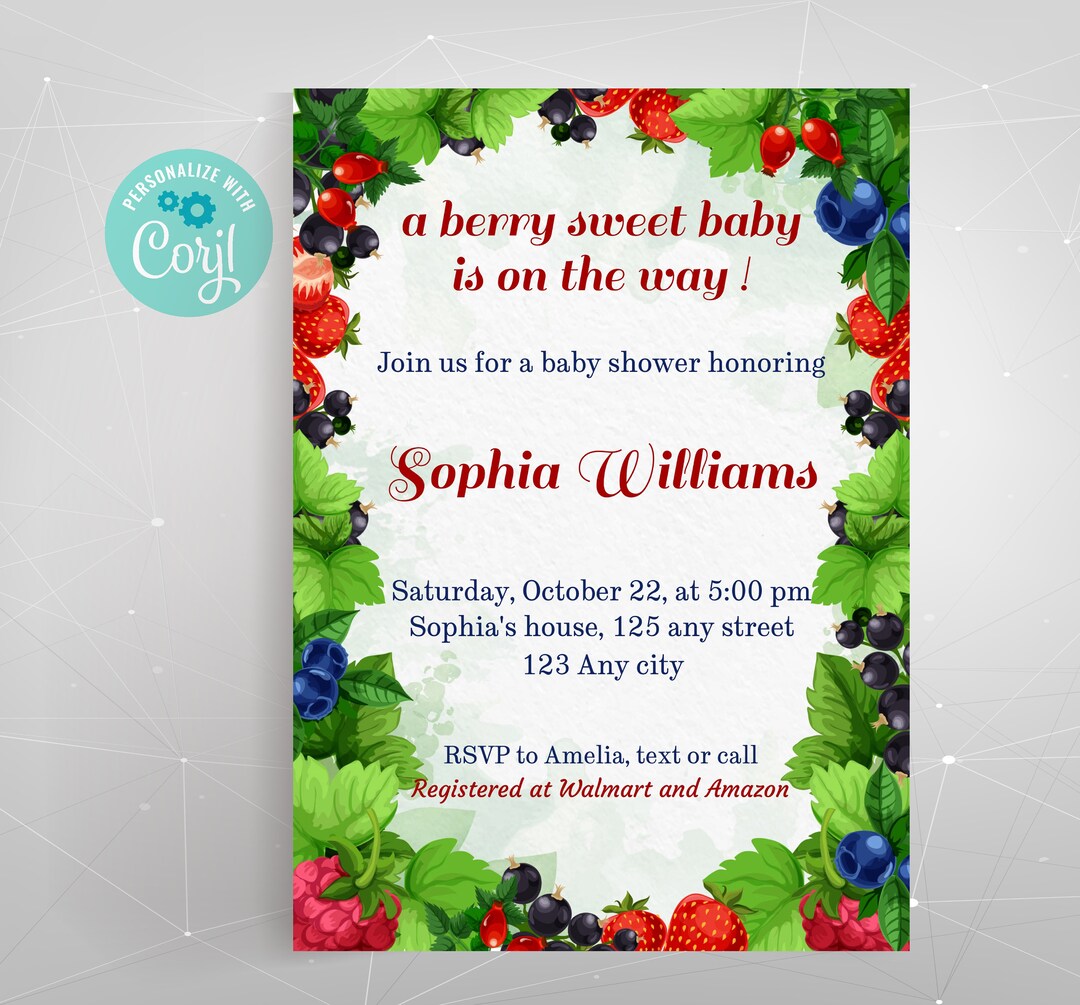 Editable Printable Sweet Berry Baby Shower Invitation, Electronic Berry