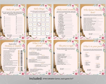 Paris Baby Shower Games, Bonjour Bébé  Baby Shower Games, Eiffel Tower Baby Shower Games Set, Instant Download Digital Printable