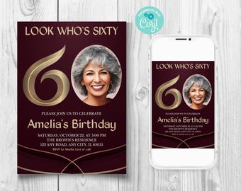 Burgundy 60th Birthday Invitation, Gold Burgundy 60th Birthday Invitation, Luxury Fifty Birthday Invitation, 60th Birthday Invite With Photo