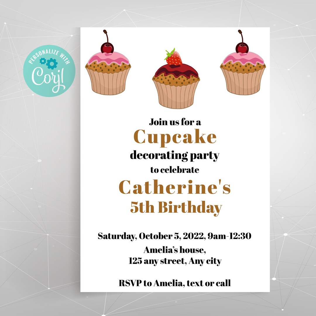 Printable Cupcake Invitation, Instant Download, Cupcake Decorating ...