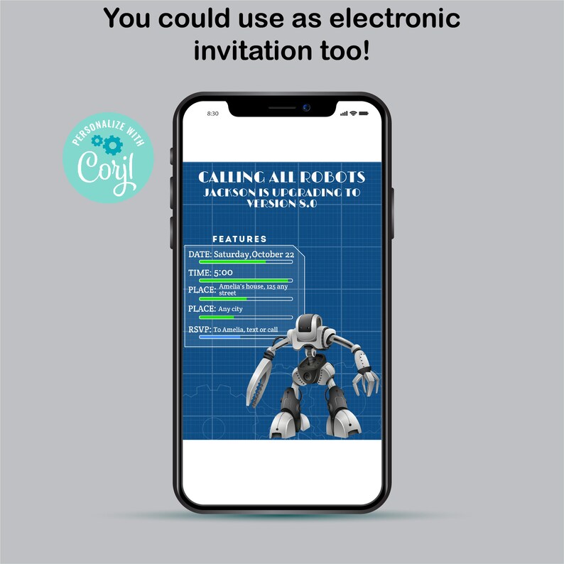 Silver Realistic Robot Birthday Party Invitation, Coding Birthday Party ...