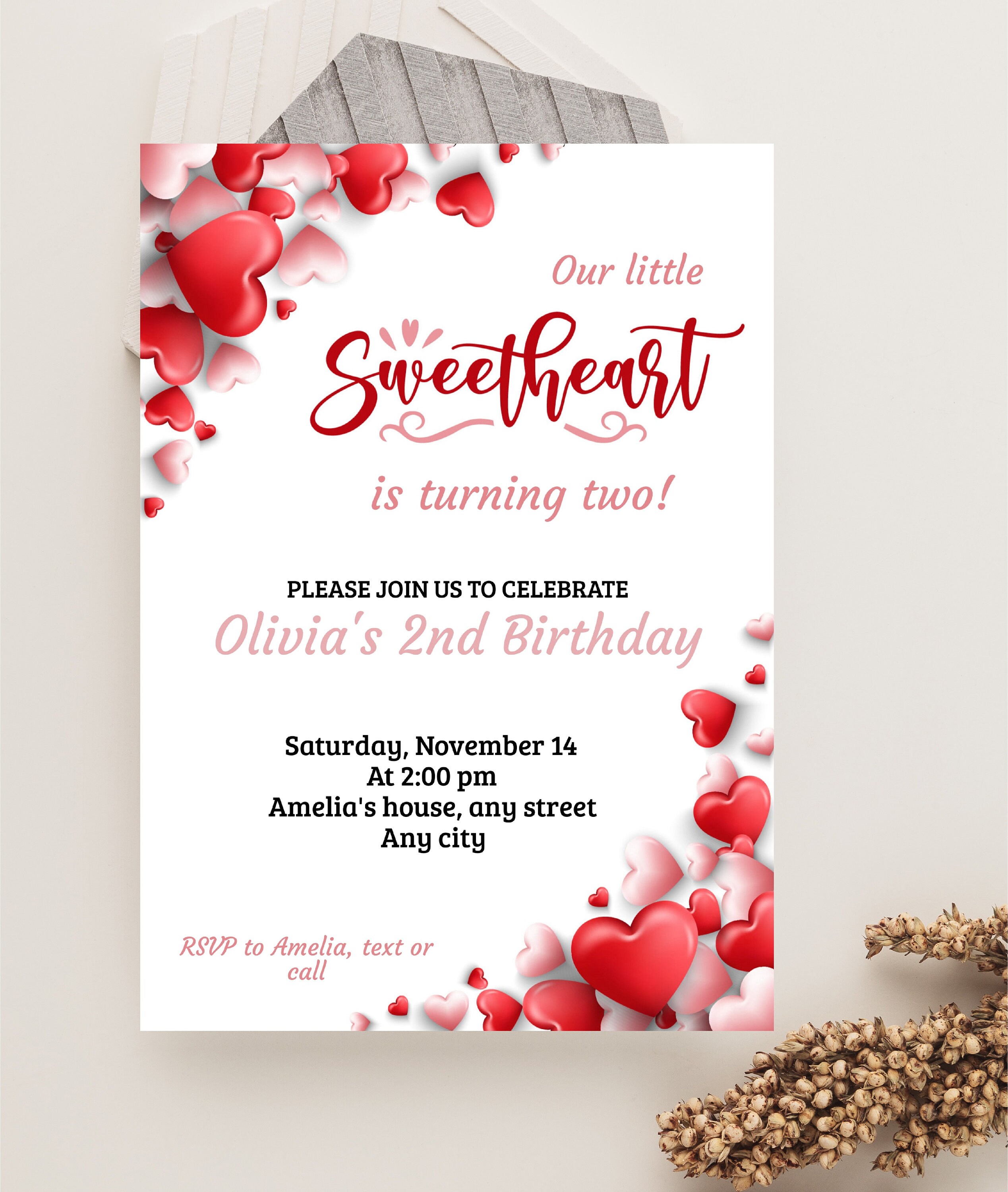 Pink Invitations Heart Sweetheart Birthday Party Invitation, Electronic Valentine Birthday ...