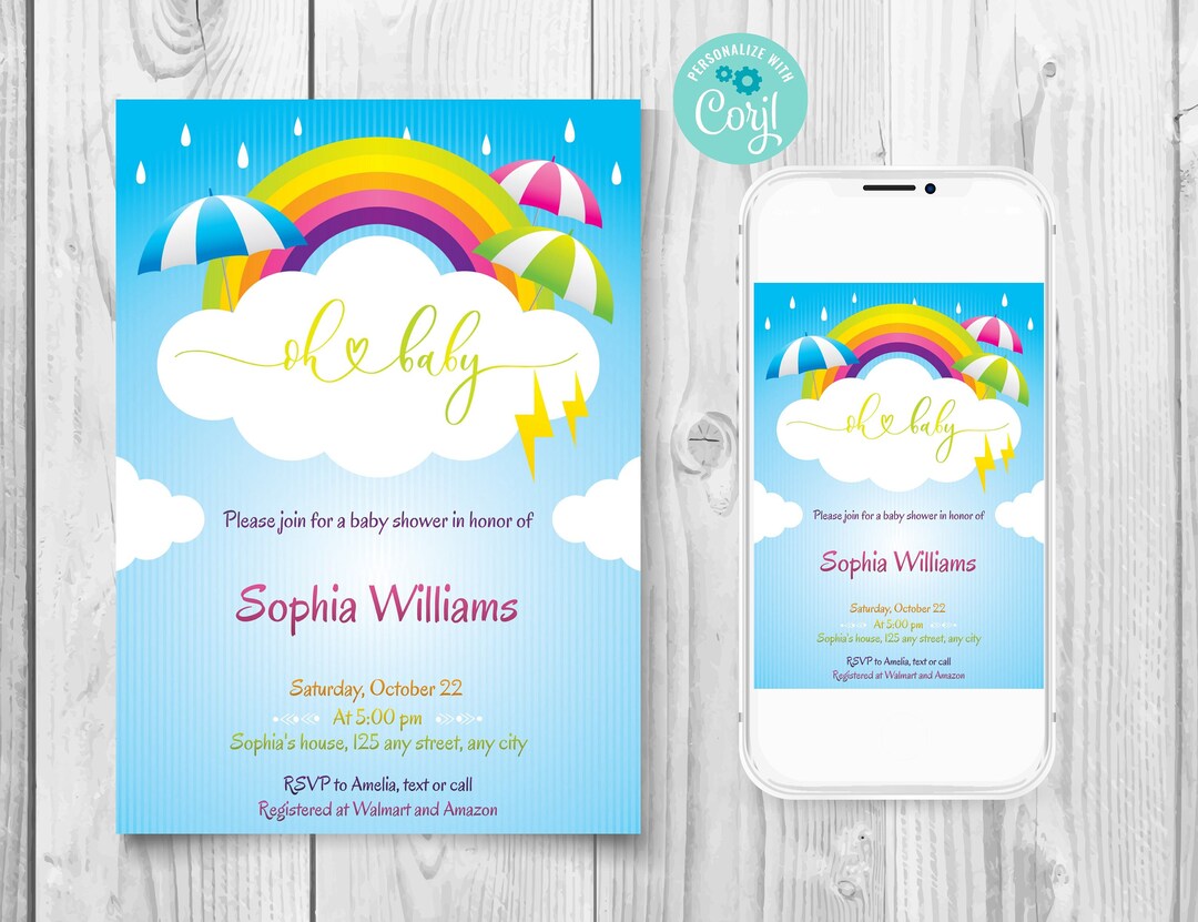 Editable Rainbow Rain Baby Shower Invitation, Umbrella Baby Shower