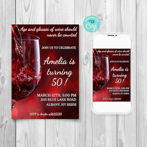 Bearbeitbare Wein-Geburtstagseinladung, Rotwein-Meilenstein einladen, Anspruchsvolle Geburtstagseinladung für Erwachsenen, Benutzerdefinierte Weinguteinladung