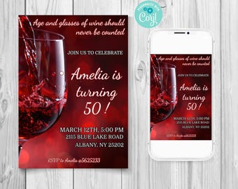 Op de afbeelding: Rode wijn verjaardagsinvitation met een glas rode wijn en de tekst "Leeftijd en glazen wijn moeten nooit worden geteld. Vier met ons mee dat Amelia 50 jaar wordt! 12 maart, 17:00 uur 2115 Blue Lake Road Albany, NY 25202 RSVP naar Amelia @5625233"