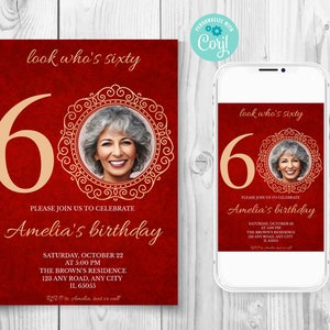 60th birthday invitation with photo, Red velvet 60th birthday invitation, Red gold 60th birthday invitation, Luxury sixty birthday invite
