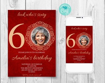 60th birthday invitation with photo, Red velvet 60th birthday invitation, Red gold 60th birthday invitation, Luxury sixty birthday invite