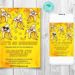 Faire-part d'anniversaire modifiable bananes, invitation Let's Go bananes, invitation anniversaire premiers fruits, invitation fruitée Tutti, invitations tropicales