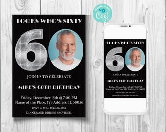 Black 60th Birthday Invitation, Silver 60th Birthday Invitation, Sophisticated 60th Birthday Invitation, Man 60th Birthday Invite With Photo