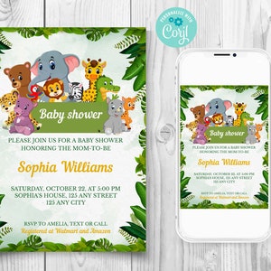 Bewerkbare Safari Dieren Baby Shower Uitnodiging, Elektronische Cartoon Dieren Baby Uitnodigen, Tropische Dieren Uitnodiging, Dierentuin Dieren Uitnodigen