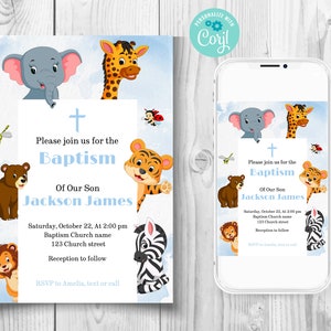 Bewerkbare cartoon dieren doop uitnodiging, elektronische dierentuin dieren doop jongen uitnodigen sjabloon, blauwe baby dieren doop uitnodiging