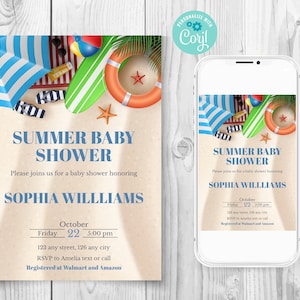 Bewerkbare zomer baby shower uitnodiging, strand baby shower uitnodiging sjabloon, oceaan kosten baby shower, aangepaste kaart